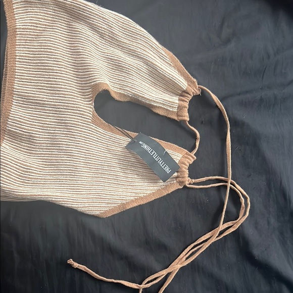 PrettyLittleThing Brown and Cream Striped halter top - Picture 1 of 1